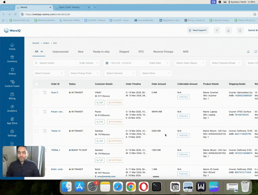 WareIQ platform showing B2C order tracking, courier status, inventory and shipment operations