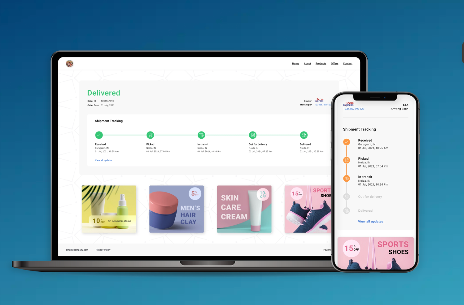 WareIQ branded tracking page with shipment progress and cross sell modules