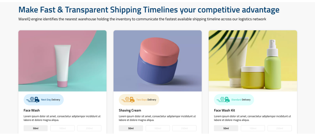 WareIQ delivery badge examples for Next Day, Two Days and Standard Delivery on D2C product cards