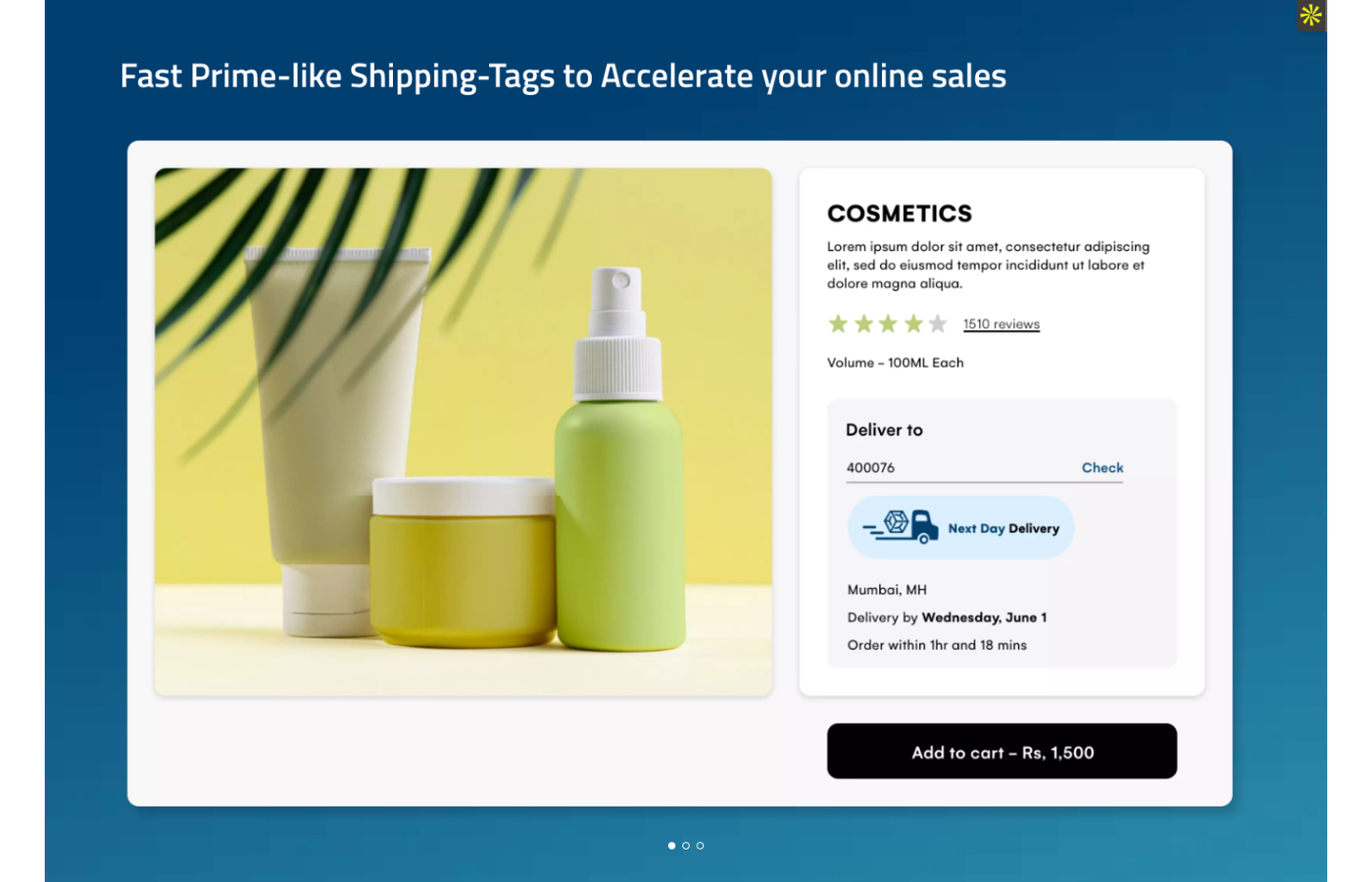 WareIQ delivery promise badge on a D2C product page with pincode check, Next Day badge, countdown timer and delivery date